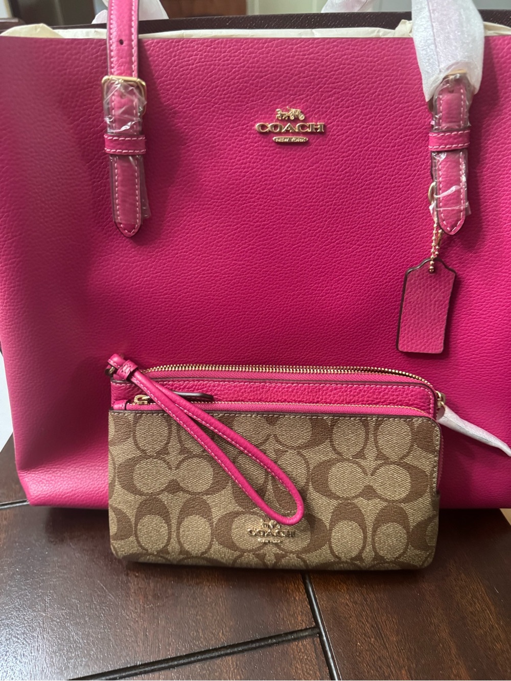 Coach Hot Pink Leather Tote with Signature Canvas Wristlet